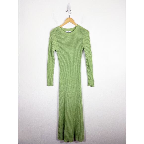 Mango Pistachio Knit Ribbed Long Sleeve Midi Dress Size Large Stretch Vacation - Picture 3 of 13